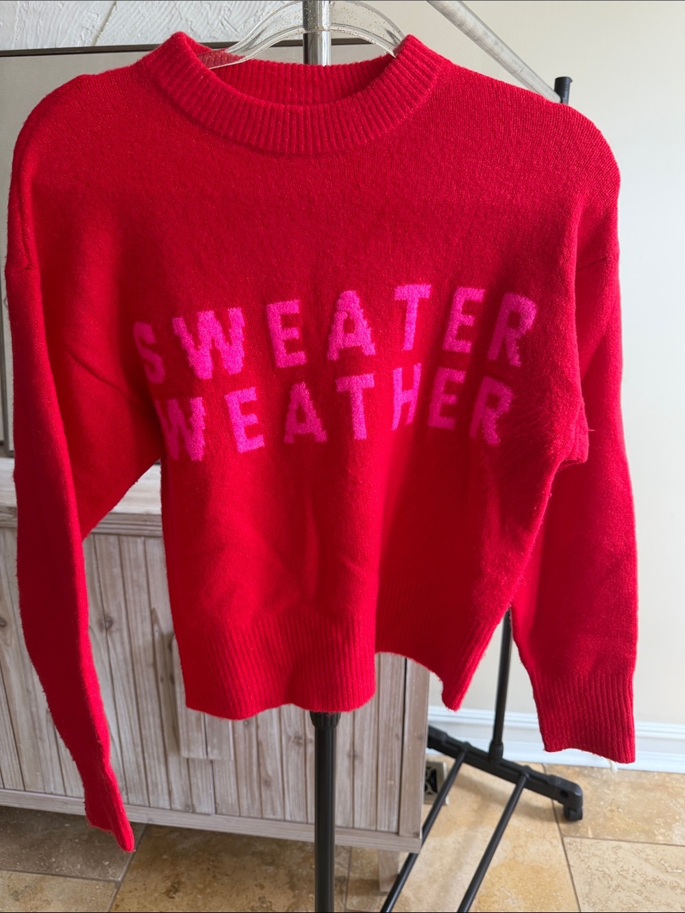 a new day Red Crewneck Sweater with Pink Lettering